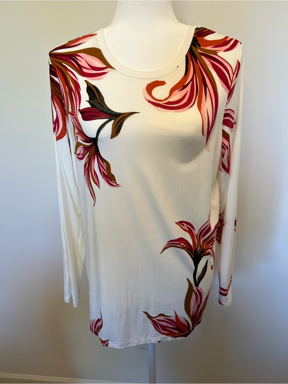 Chico's White Long-Sleeve Tee with Pink and Brown Floral Accents